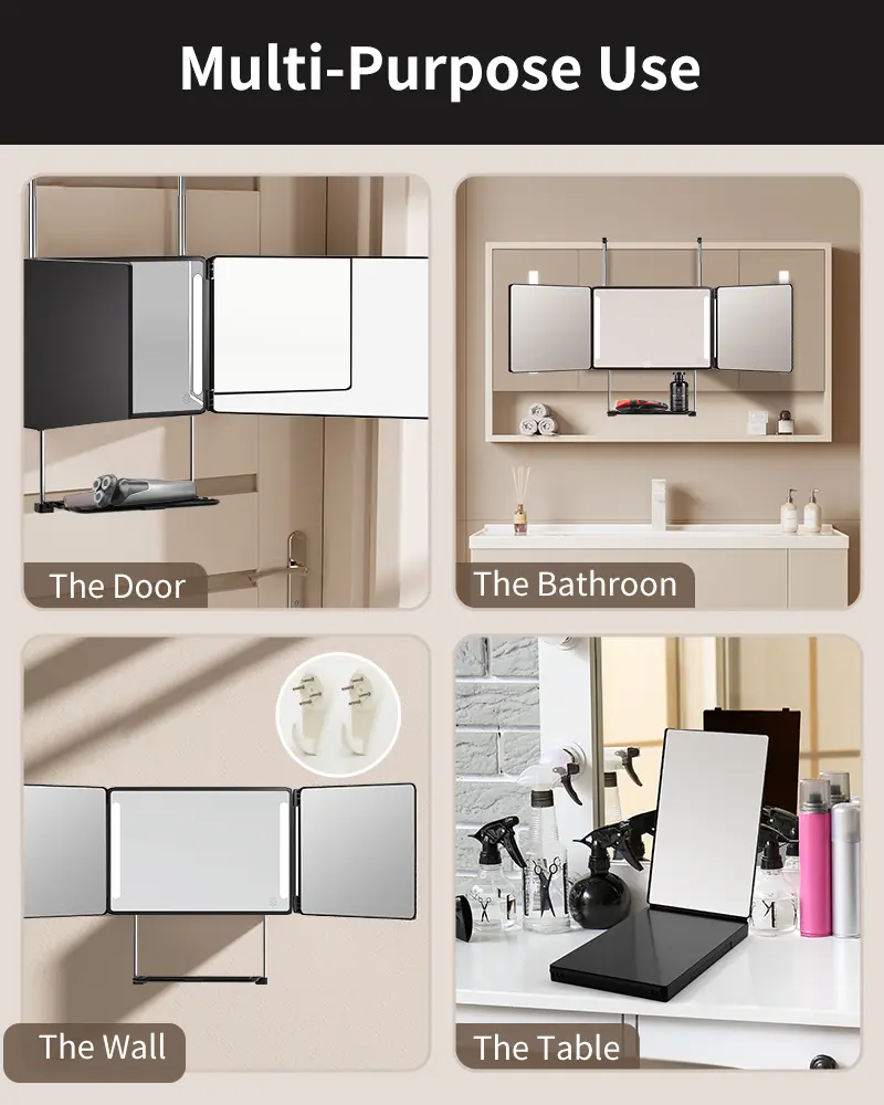 Umitec Adjustable LED Light 3 Way Mirror, Portable Trifold Mirror for Shaving, Grooming, Hair Styling, Dye Hair, Makeup, Braiding, 360 Degree Mirror