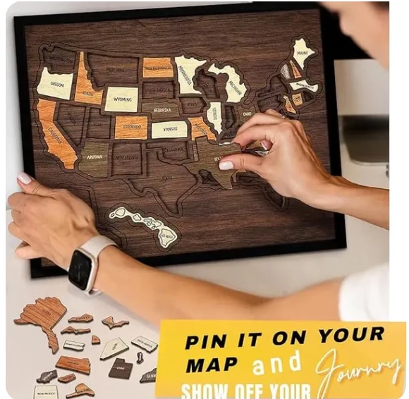 🔥Last Day 50% OFF -🇺🇸 Wooden USA Travel Map Puzzle🧩A Stylish Way to Track Your Journey