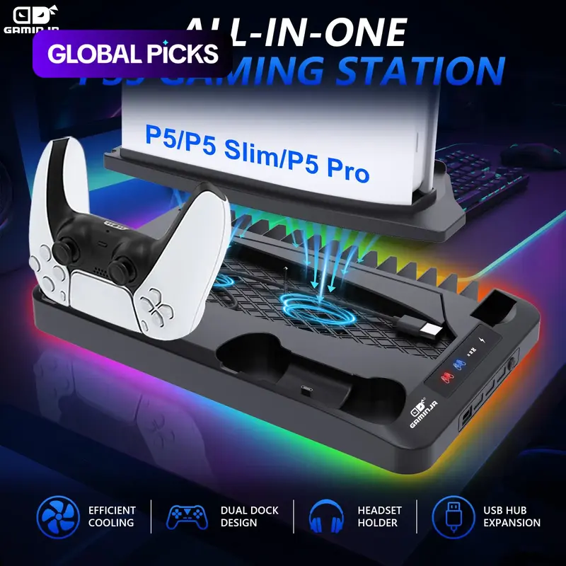 GAMINJA P58 Charging Base Cooling Bracket Compatible With PS5 Console, Vertical Stand Cooling Fan, Multi-functional Cooling & Charging Station for PS5 Slim Pro All Model Universal