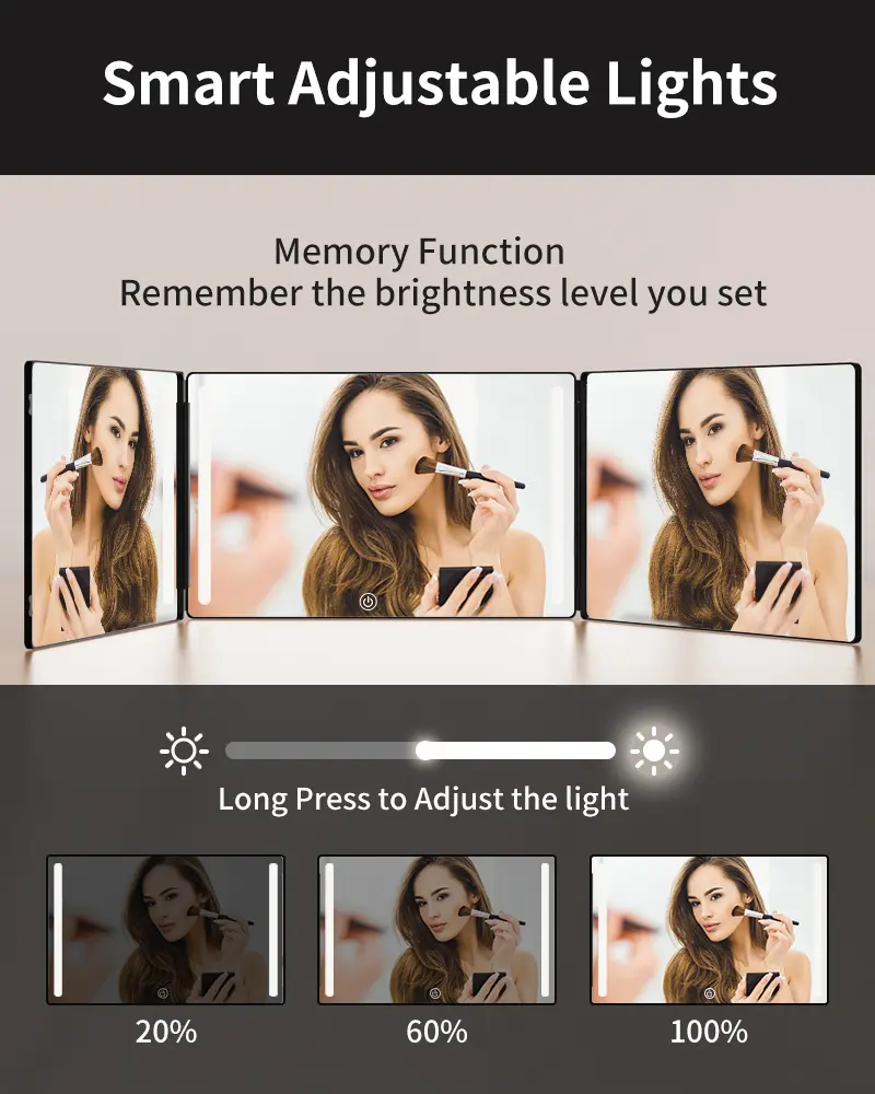 Umitec Adjustable LED Light 3 Way Mirror, Portable Trifold Mirror for Shaving, Grooming, Hair Styling, Dye Hair, Makeup, Braiding, 360 Degree Mirror