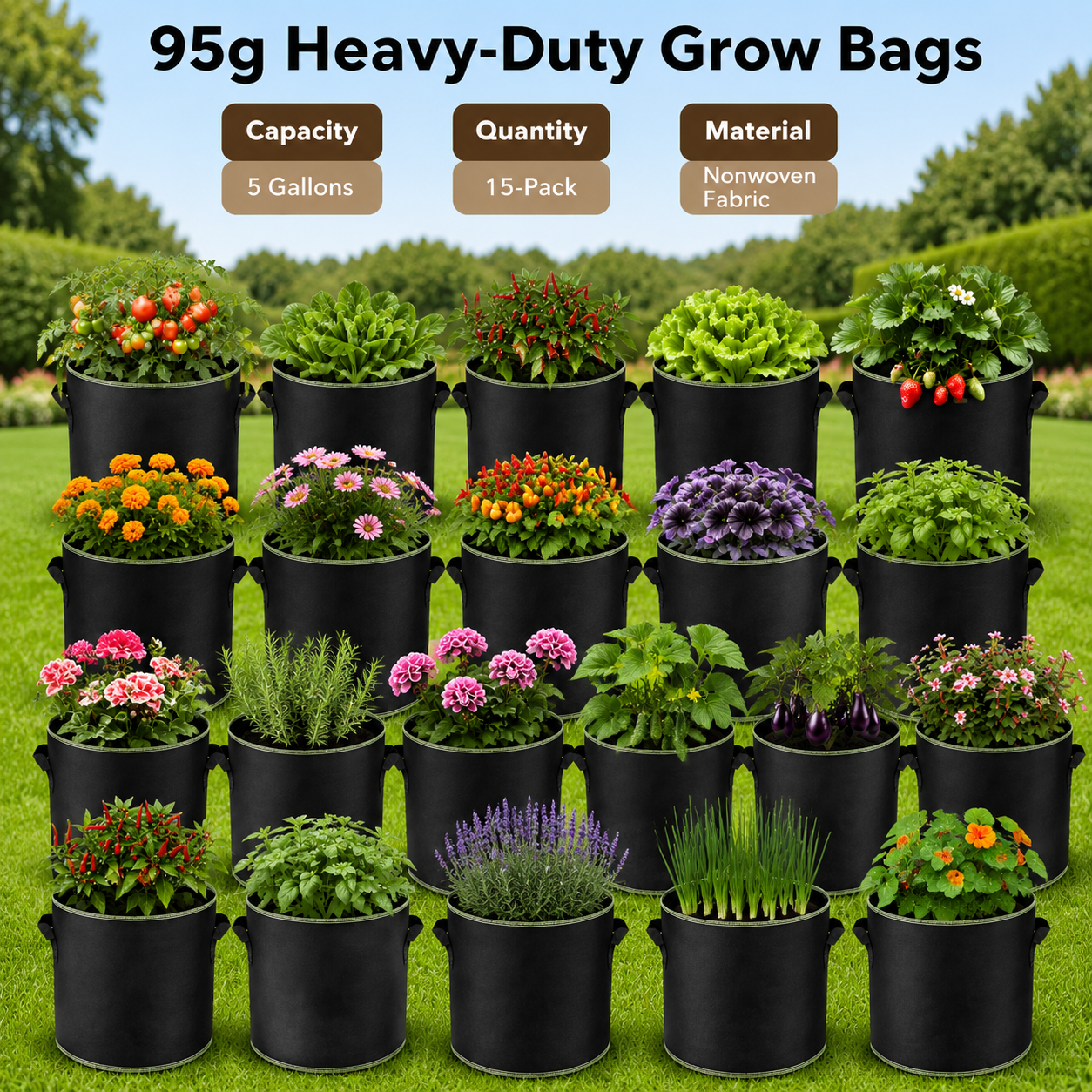 "🌱 5-Pack 5 Gallon Grow Bags – Heavy Duty Aeration Fabric Pots with Handles for Vegetables, Flowers & Fruits 🪴 "