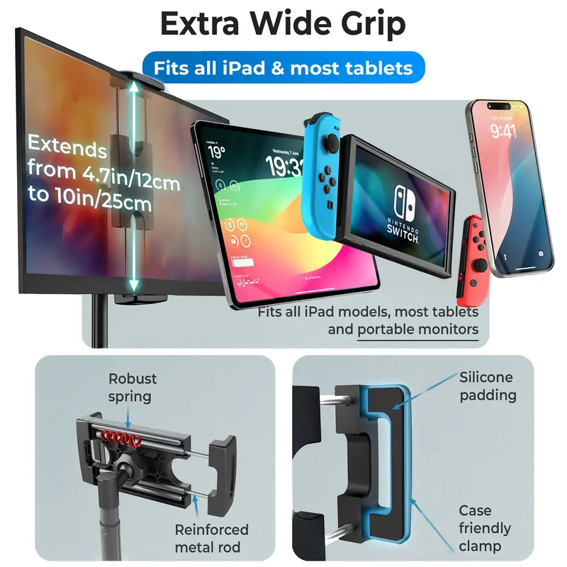 Cooper TabStand Sturdy Tablet Mount & Accessories - Height-Adjustable Metal/Aluminium Holder for 17" Max Diagonal iPad, Portable Monitor, Smartphone, 360° Rotate & Tilt, 4.4lb Holding Strength, Portable, Silicone-Free