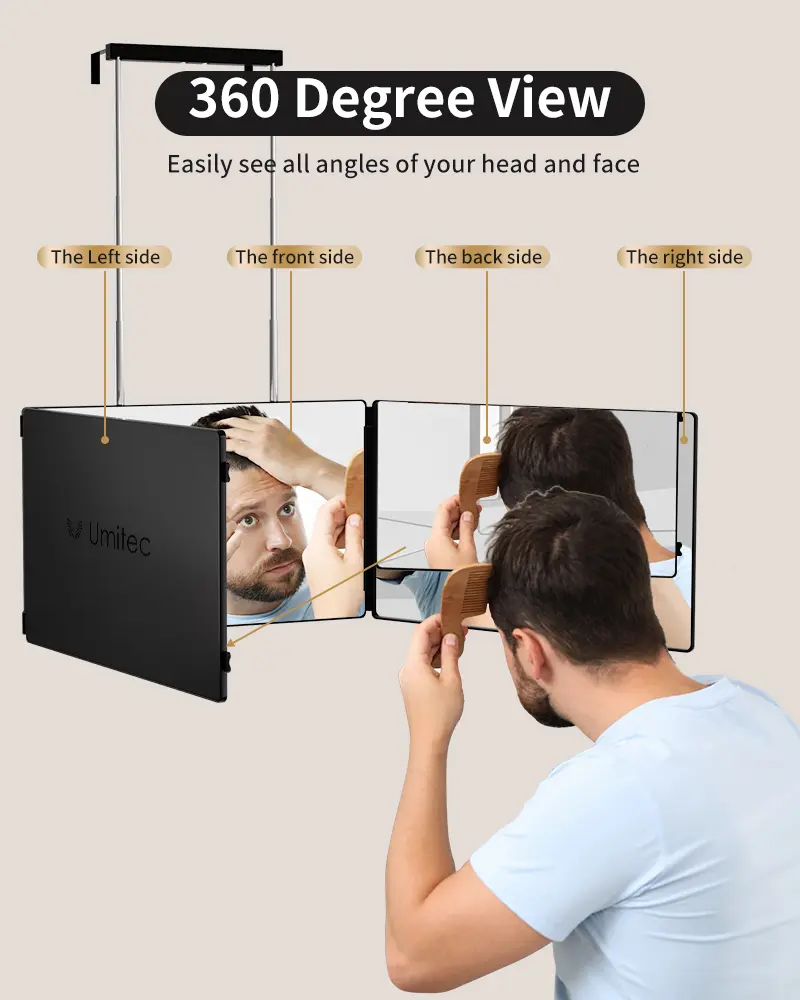 Umitec Adjustable LED Light 3 Way Mirror, Portable Trifold Mirror for Shaving, Grooming, Hair Styling, Dye Hair, Makeup, Braiding, 360 Degree Mirror