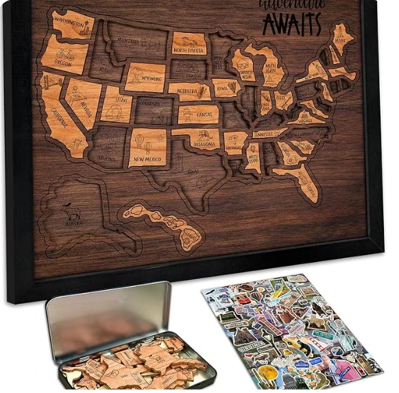 🔥Last Day 50% OFF -🇺🇸 Wooden USA Travel Map Puzzle🧩A Stylish Way to Track Your Journey