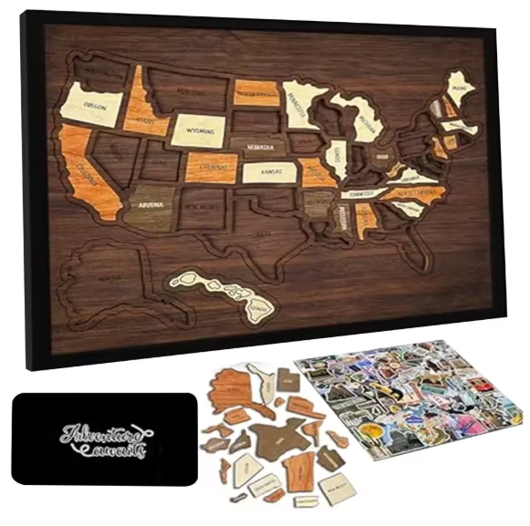 🔥Last Day 50% OFF -🇺🇸 Wooden USA Travel Map Puzzle🧩A Stylish Way to Track Your Journey