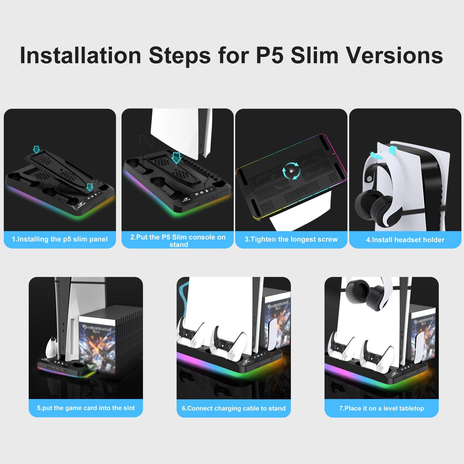 GAMINJA P58 Charging Base Cooling Bracket Compatible With PS5 Console, Vertical Stand Cooling Fan, Multi-functional Cooling & Charging Station for PS5 Slim Pro All Model Universal
