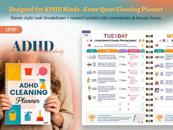 UPTIP ADHD Cleaning Planner for Adults, Home Organization Notebook, Cleaning Checklist, Daily Weekly Monthly Planner, Declutter Workbook, Habit Tracker, Time Blocking & Reward System, Back to School College Supplies Stationery