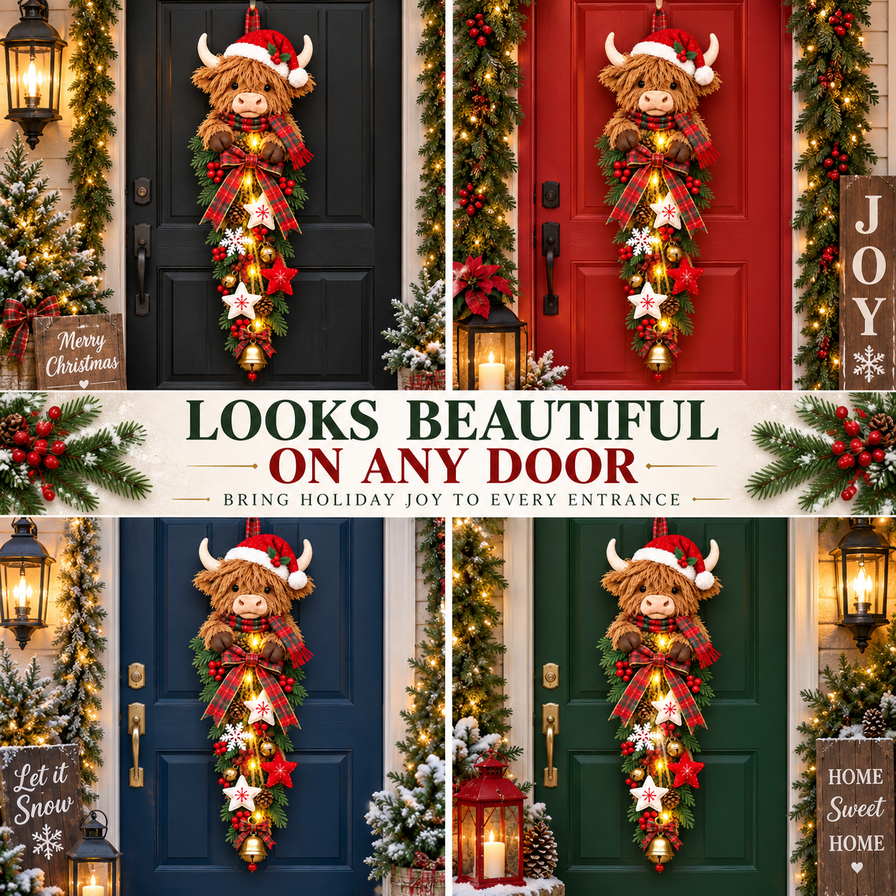 🔥Last Day 50% OFF✨🎄 Lighted Highland Cow Christmas Door Swag – A Cozy Holiday Welcome