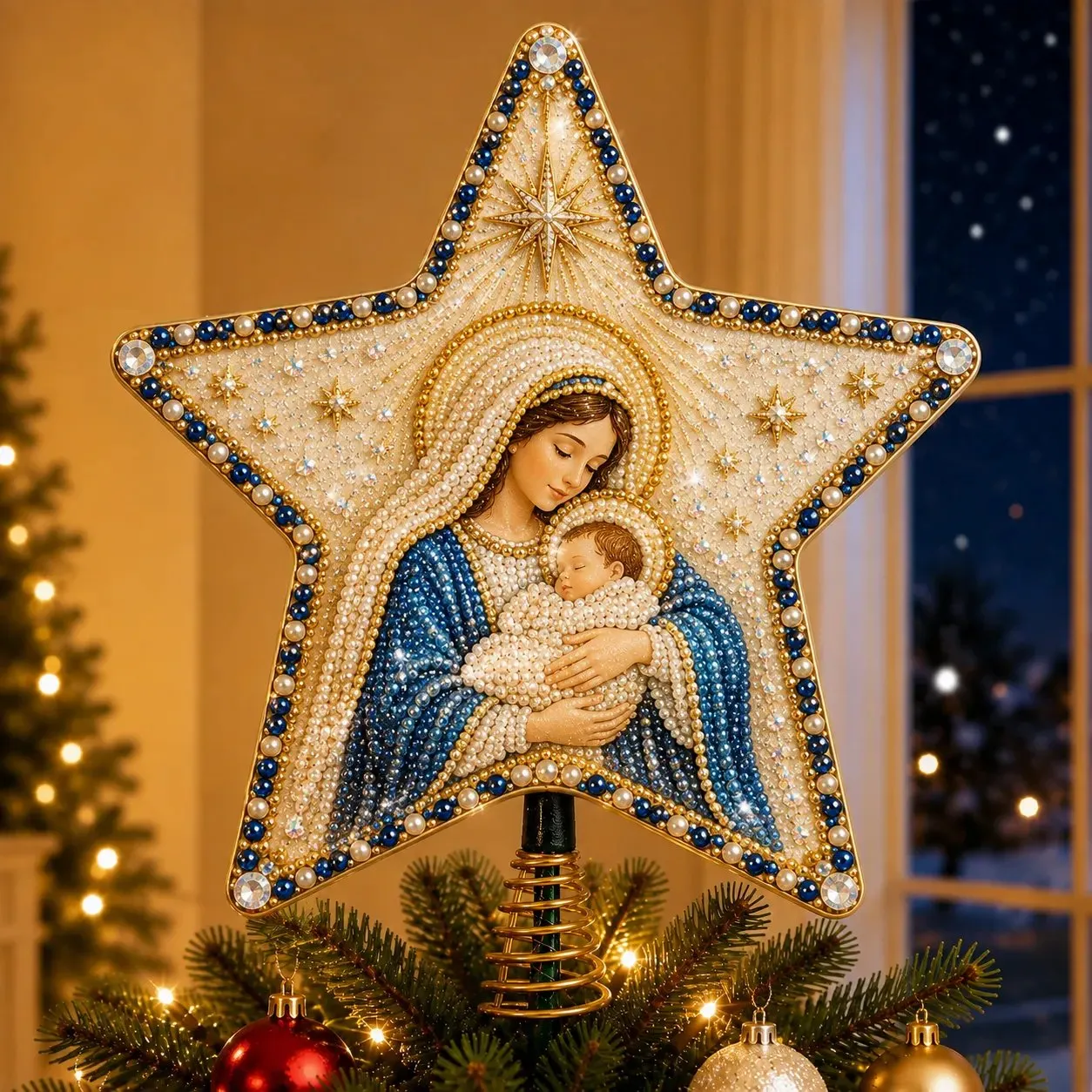 Mary and Baby Jesus pearl diamond art Christmas tree topper