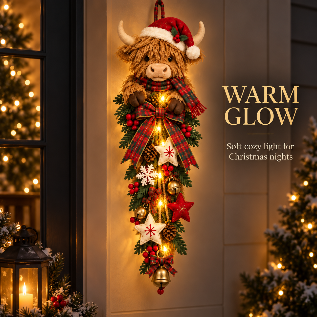 🔥Last Day 50% OFF✨🎄 Lighted Highland Cow Christmas Door Swag – A Cozy Holiday Welcome