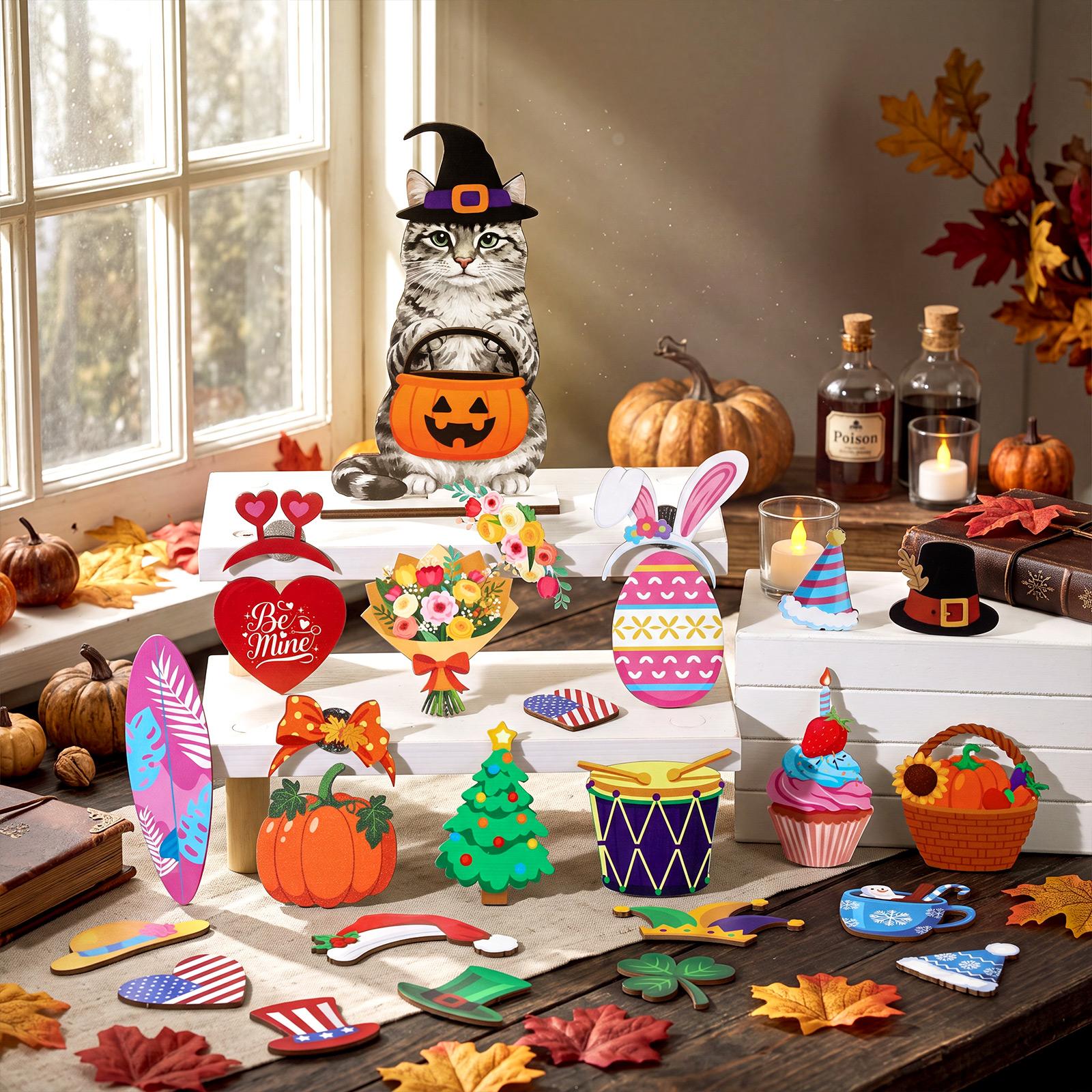 Gejoy Halloween Cat Sign Gift Interchangeable Sign Cute Cat Ornaments Wooden Sign Desk Decor Pet Decor with Magnet Detachable Hats for Summer Halloween Autumn Holiday Seasonal Birthday Party, Gift for Pet Owning Families and Cat Lovers Gejoy Halloween Cat Sign Gift Interchangeable Sign Cute Cat Ornaments Wooden Sign Desk Decor Pet Decor with Magnet Detachable Hats for Summer Halloween Autumn Holiday Seasonal Birthday Party, Gift for Pet Owning Families and Cat Lovers
