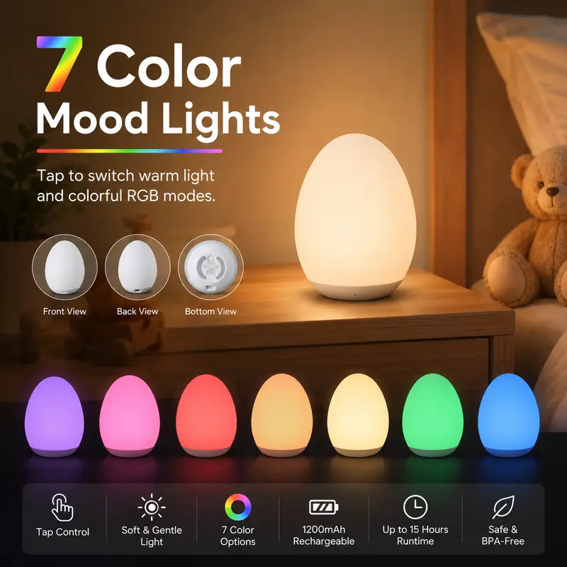 Night Light for Kids, Egg Light for Nursery with 7 RGB Colors Changeable & Stepless Dimming