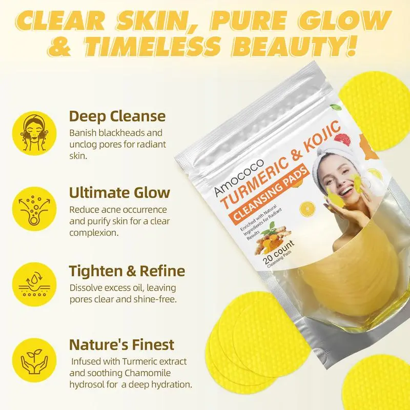 Turmeric & Kojic Acid Cleansing Pads - 20pcs  Deep Clean, Soft Texture