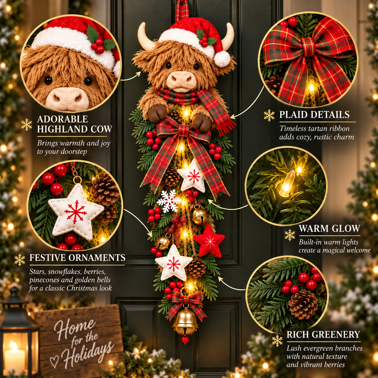 🔥Last Day 50% OFF✨🎄 Lighted Highland Cow Christmas Door Swag – A Cozy Holiday Welcome