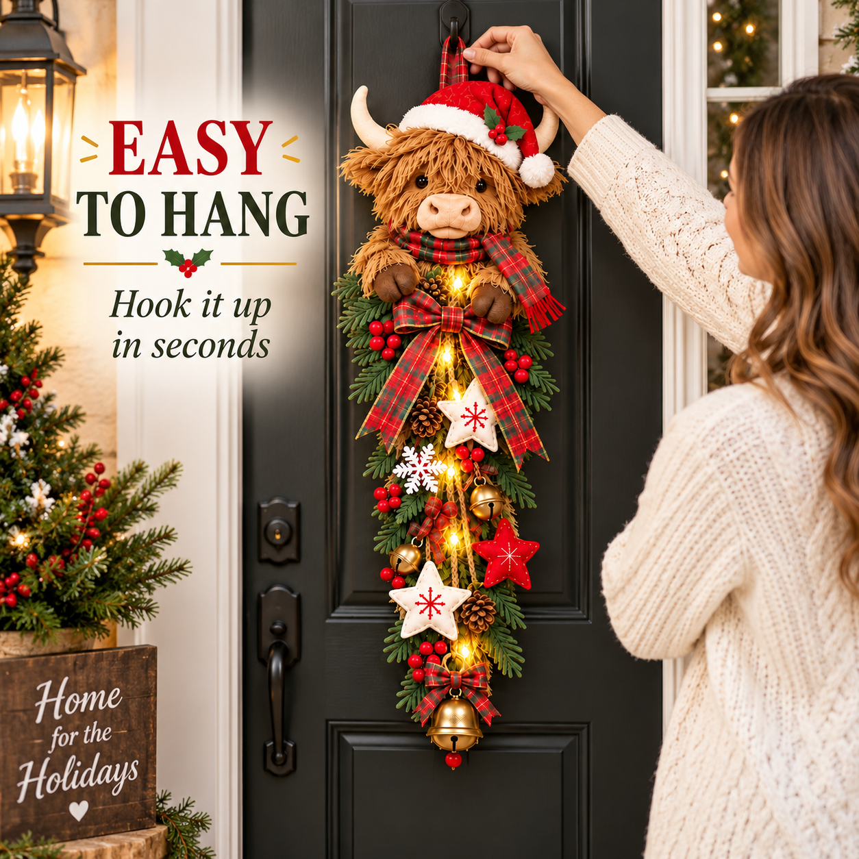 🔥Last Day 50% OFF✨🎄 Lighted Highland Cow Christmas Door Swag – A Cozy Holiday Welcome