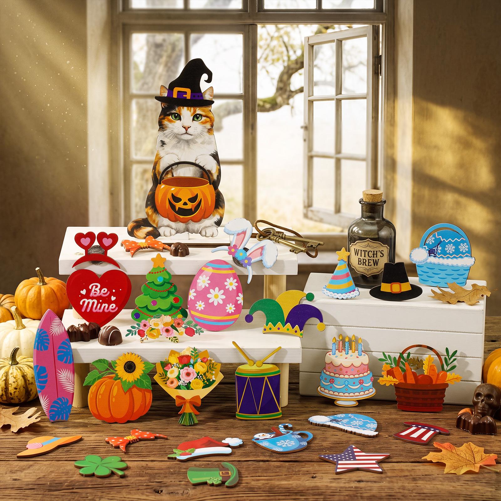 Gejoy Halloween Cat Sign Gift Interchangeable Sign Cute Cat Ornaments Wooden Sign Desk Decor Pet Decor with Magnet Detachable Hats for Summer Halloween Autumn Holiday Seasonal Birthday Party, Gift for Pet Owning Families and Cat Lovers Gejoy Halloween Cat Sign Gift Interchangeable Sign Cute Cat Ornaments Wooden Sign Desk Decor Pet Decor with Magnet Detachable Hats for Summer Halloween Autumn Holiday Seasonal Birthday Party, Gift for Pet Owning Families and Cat Lovers