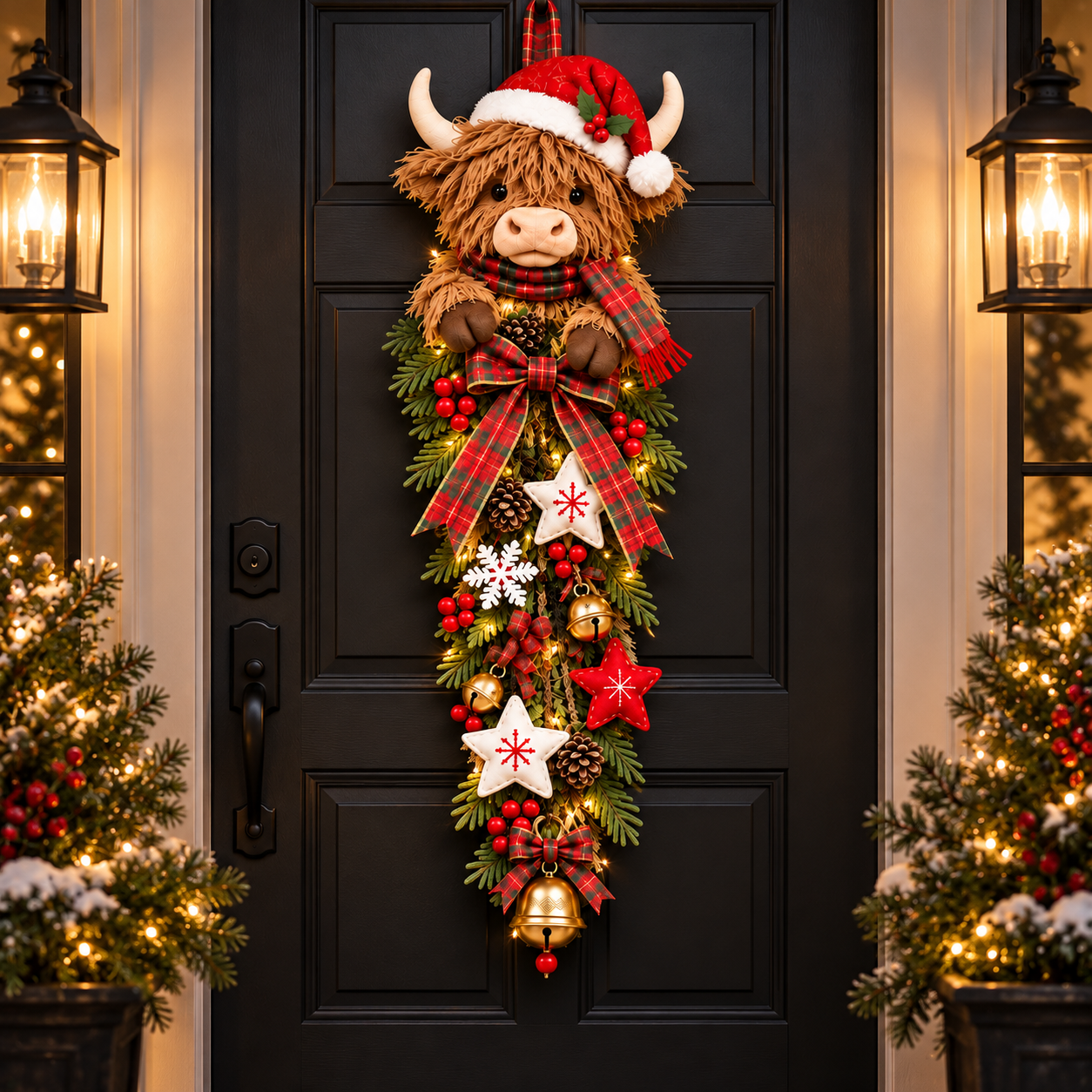 🔥Last Day 50% OFF✨🎄 Lighted Highland Cow Christmas Door Swag – A Cozy Holiday Welcome