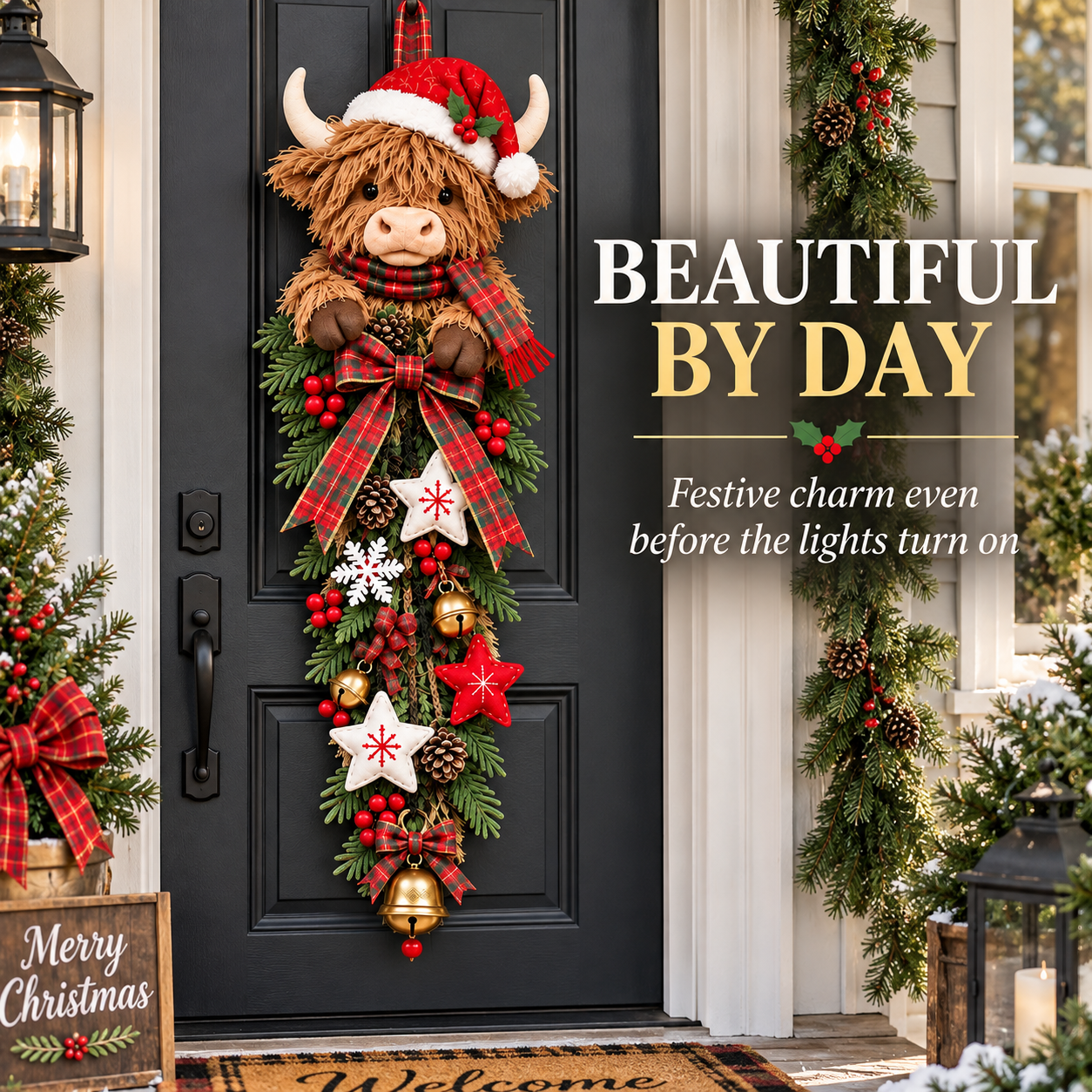 🔥Last Day 50% OFF✨🎄 Lighted Highland Cow Christmas Door Swag – A Cozy Holiday Welcome
