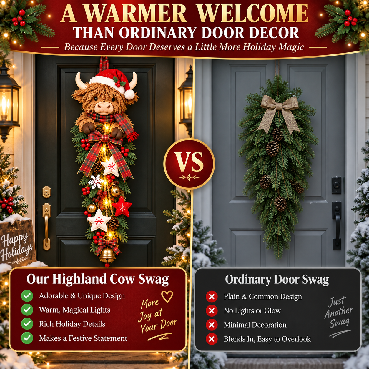 🔥Last Day 50% OFF✨🎄 Lighted Highland Cow Christmas Door Swag – A Cozy Holiday Welcome