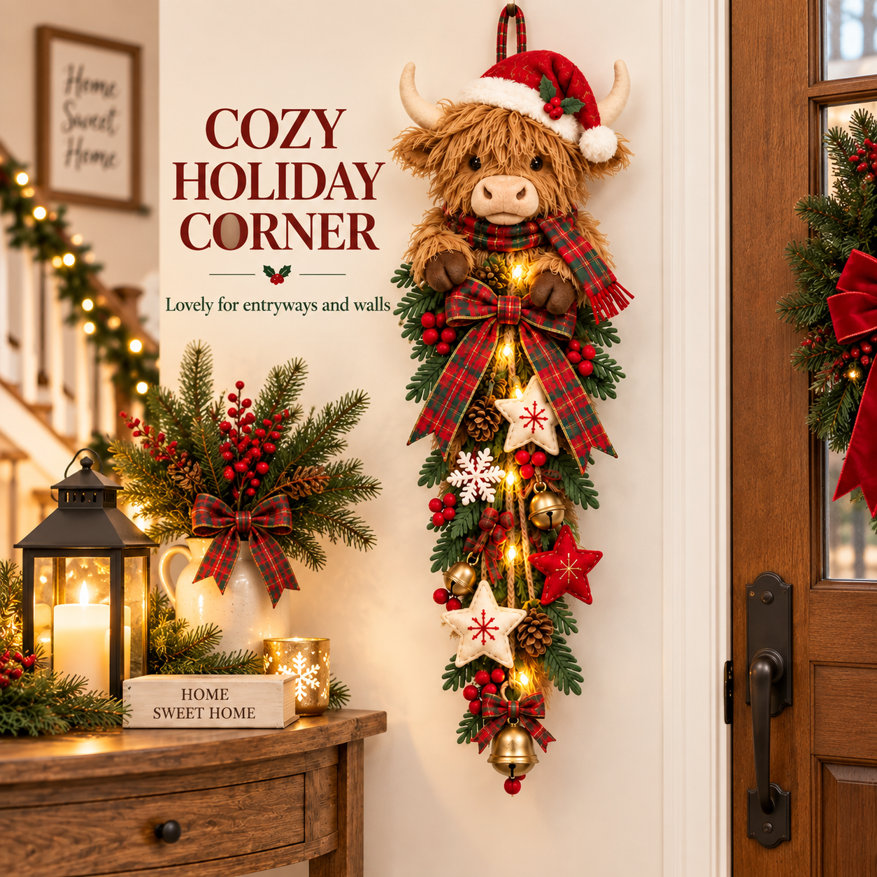 🔥Last Day 50% OFF✨🎄 Lighted Highland Cow Christmas Door Swag – A Cozy Holiday Welcome