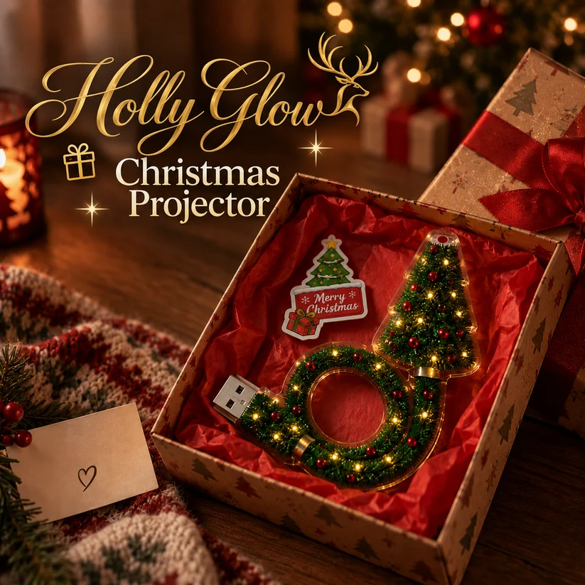 HollyGlow Christmas projector styled as a holiday gift