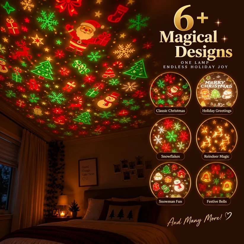 Illustrated Christmas projection designs including Santa, snowflakes, reindeer and bells