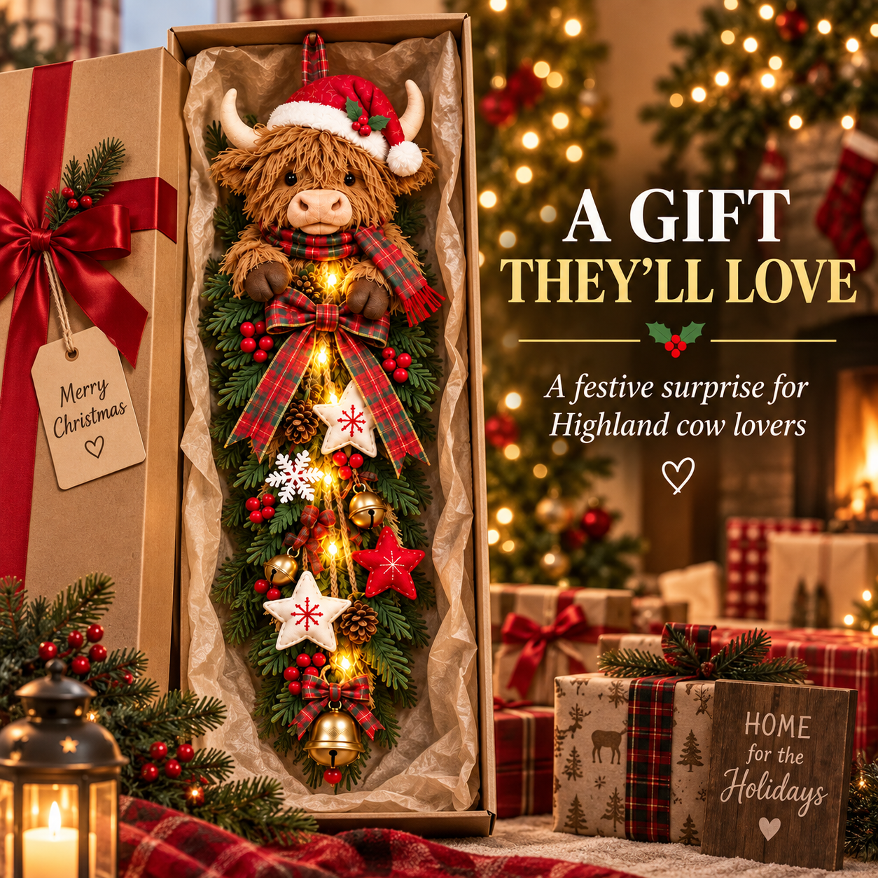 🔥Last Day 50% OFF✨🎄 Lighted Highland Cow Christmas Door Swag – A Cozy Holiday Welcome