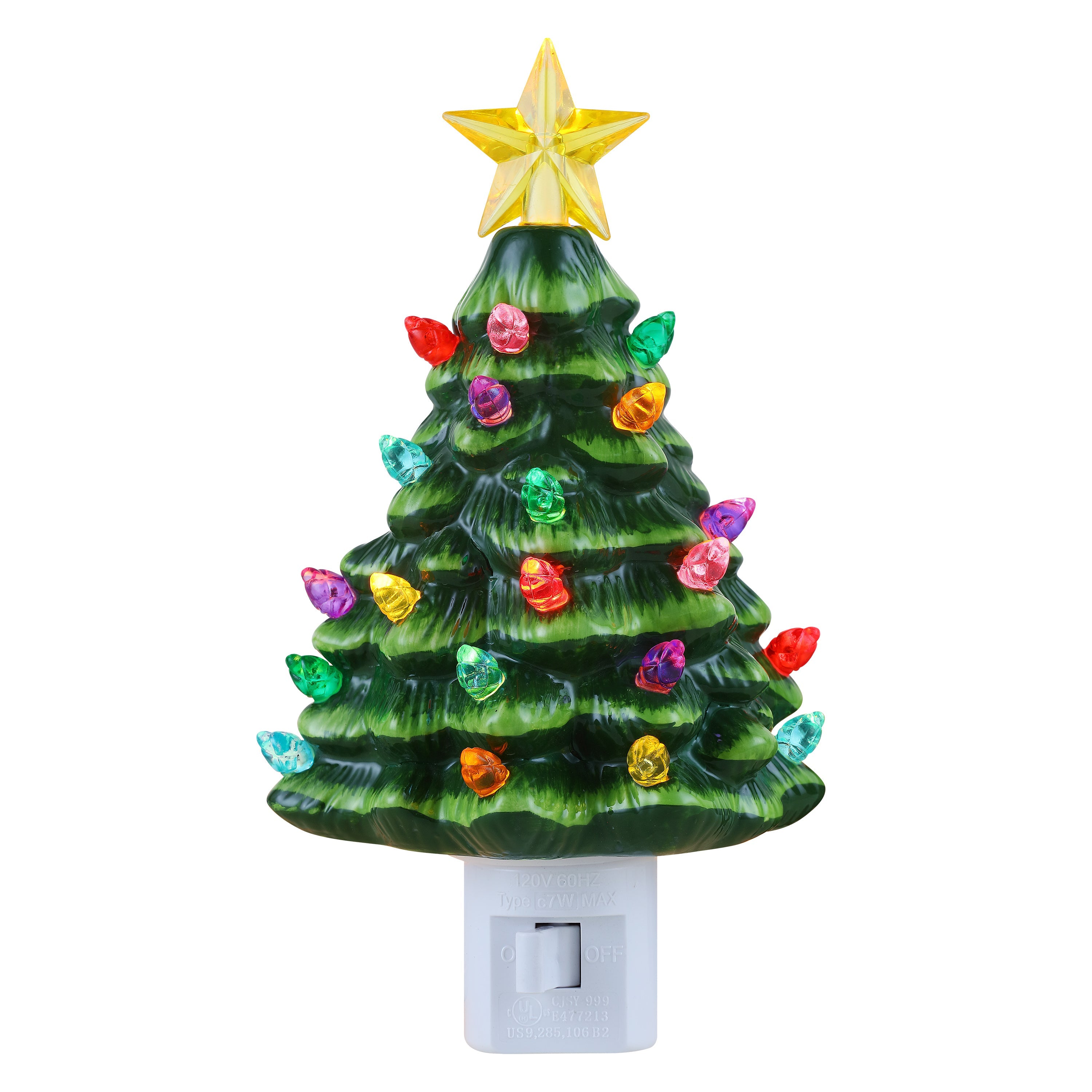 Green resin Christmas tree nightlight with colorful ornaments and a yellow star