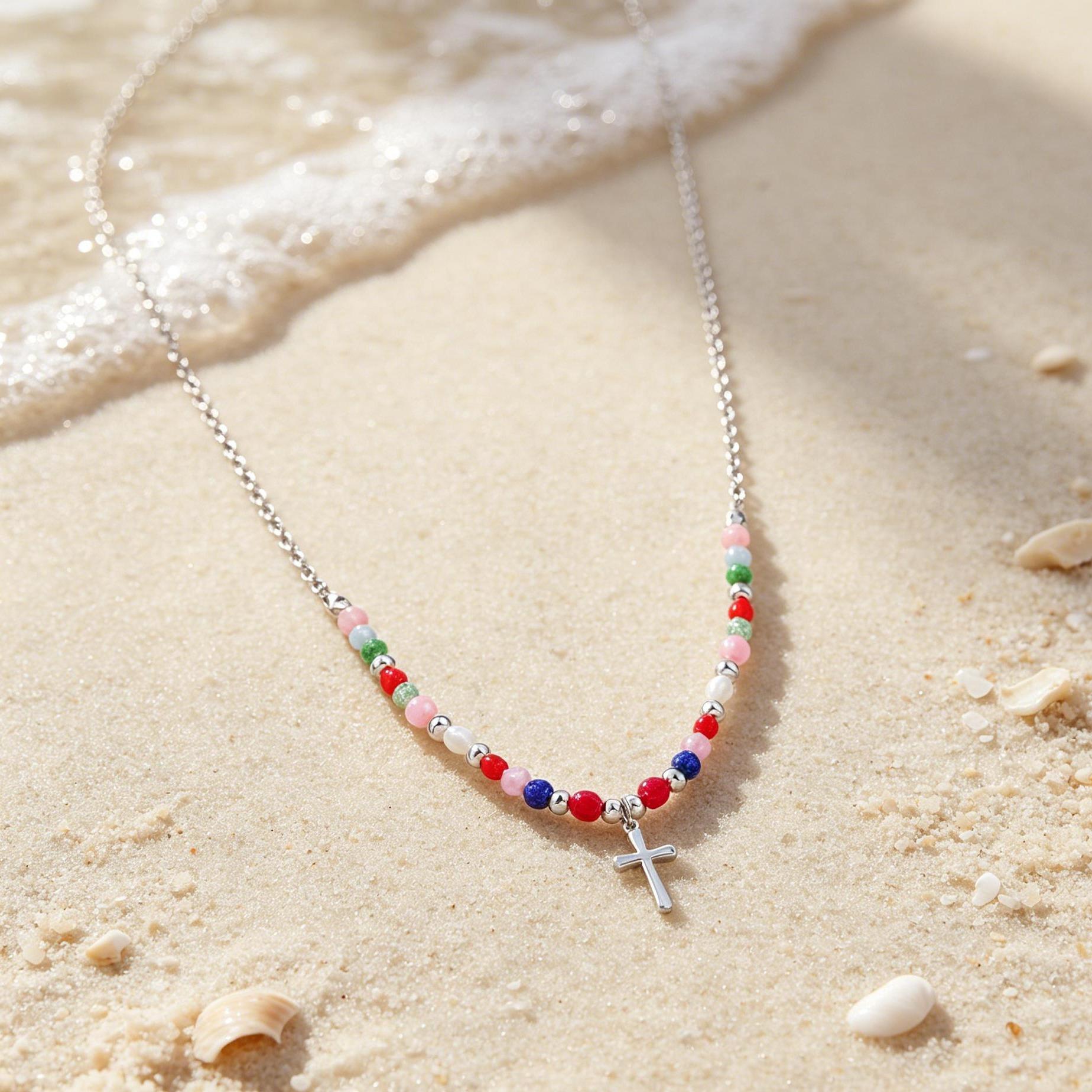 Colorful Beaded Necklace with Simple Cross Pendant