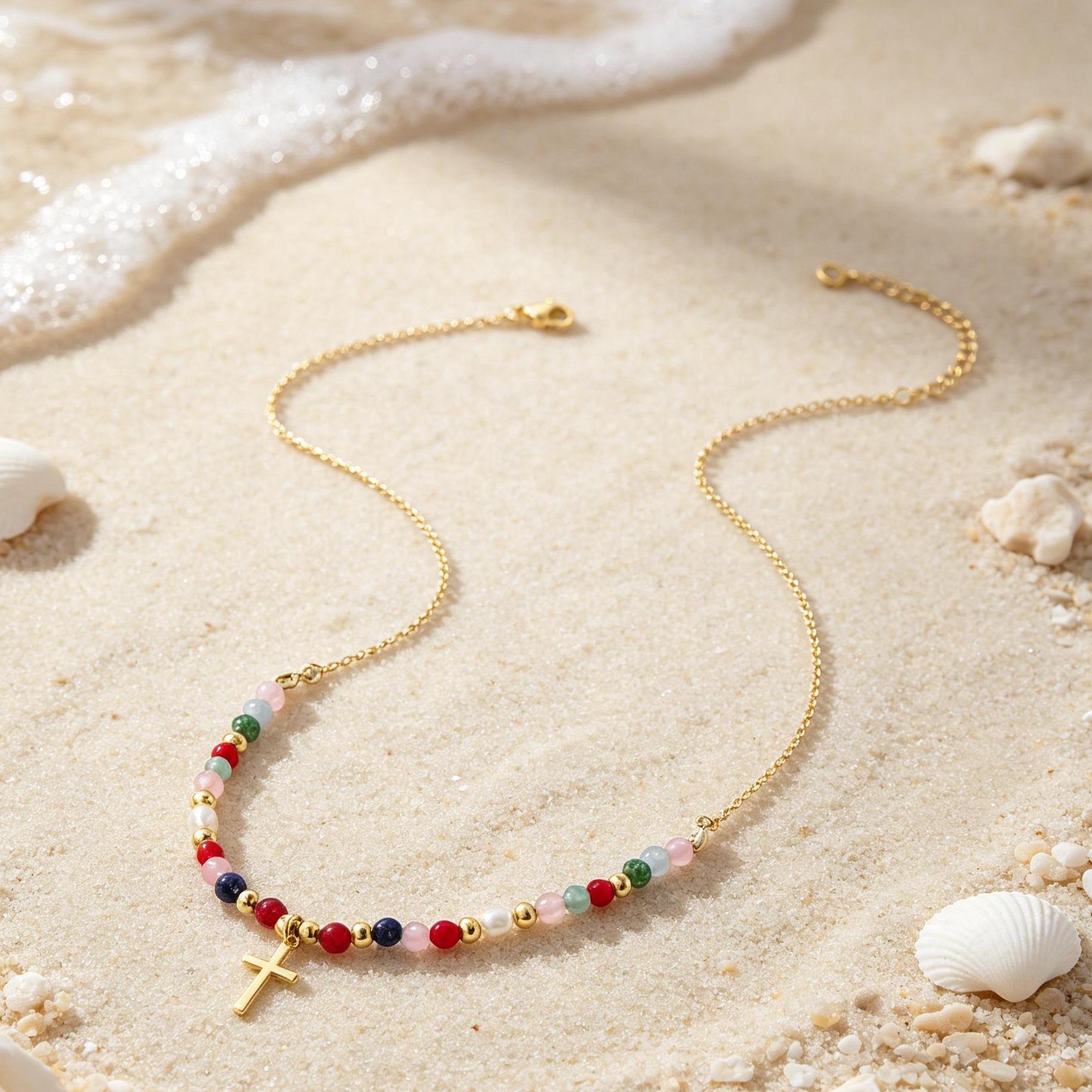 Colorful Beaded Necklace with Simple Cross Pendant