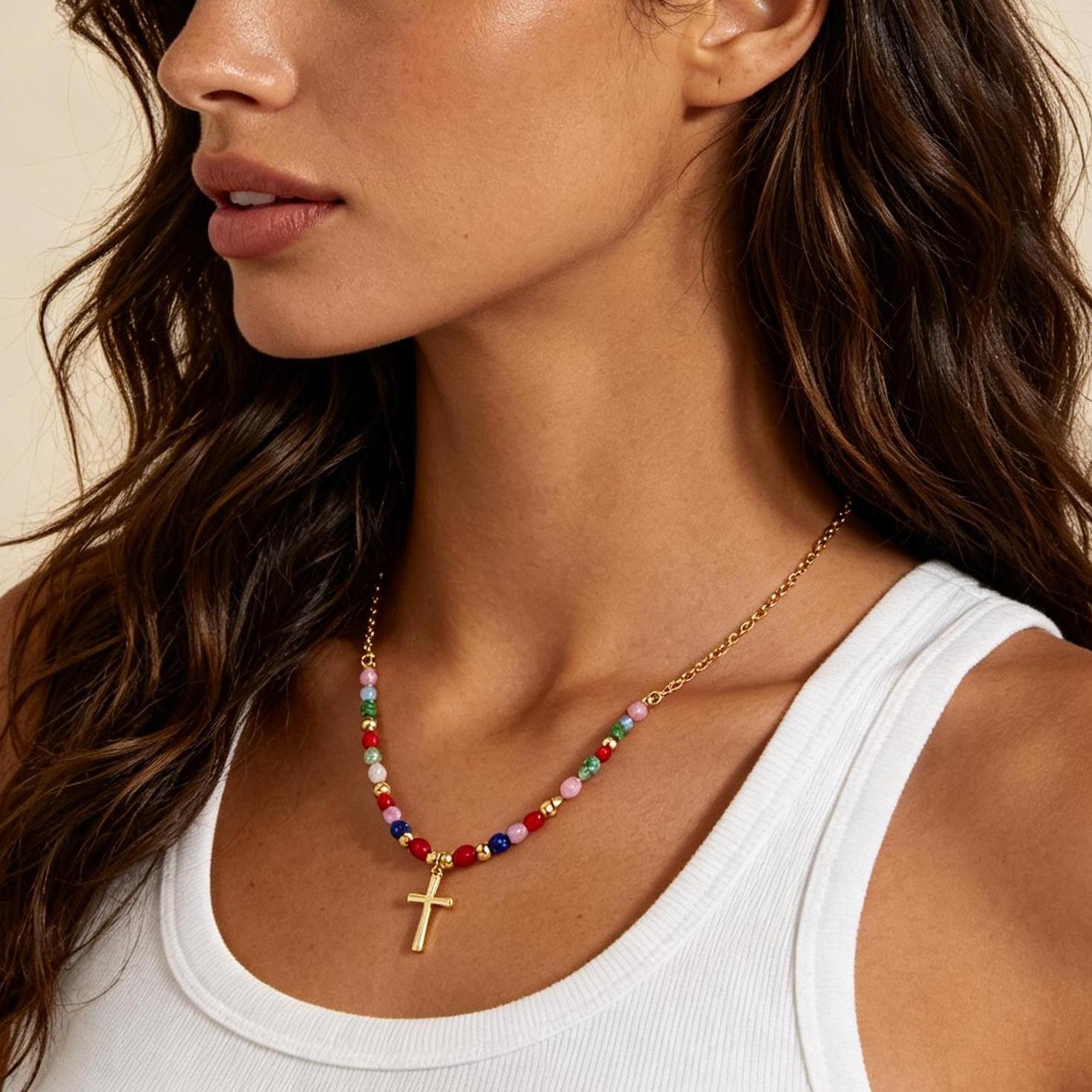 Colorful Beaded Necklace with Simple Cross Pendant