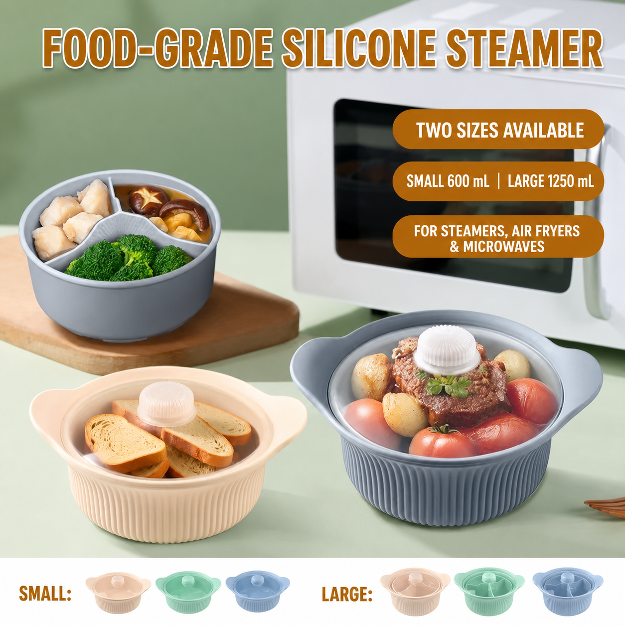 Food grade silicone steamer soup pan household size microwave air fryer pan mat with lid reduce fat steam rice steaming dishes