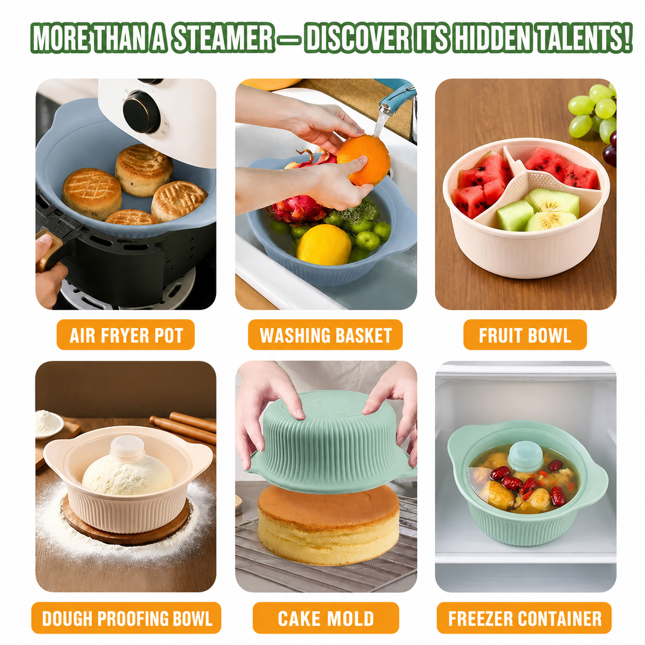Food grade silicone steamer soup pan household size microwave air fryer pan mat with lid reduce fat steam rice steaming dishes