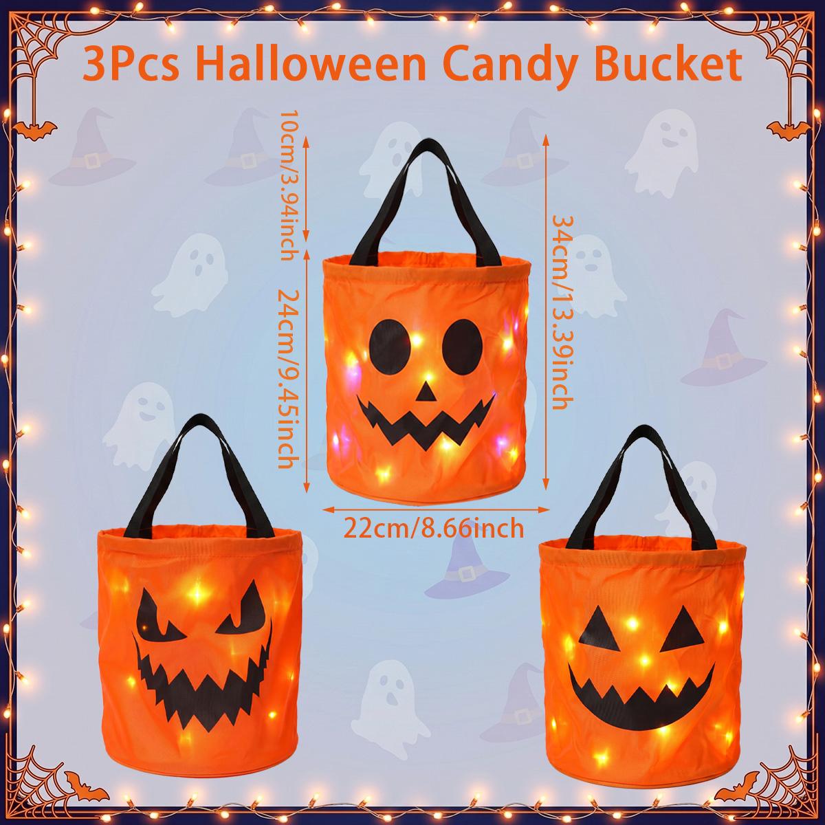 3/4 Pcs Halloween Candy Bucket with LED Lights Non Woven Gift Bags Trick or Treat Bags Pumpkin Candy Bags Reusable Tote Bags for  Kids Students Adults, Night Light Bags for Home Garden Lawn Decorations, Halloween Birthday Christmas Party Favor Supplies