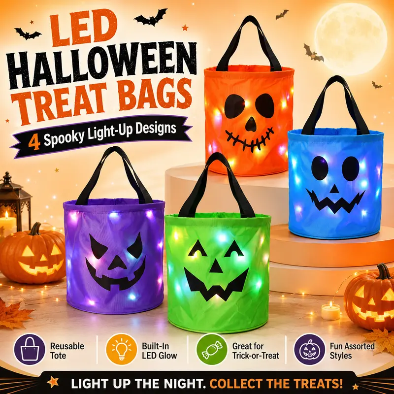 Halloween Candy Bucket with LED Lights Non Woven Gift Bags Trick or Treat Bags Pumpkin Candy Bags Reusable Tote Bags for Kids Students Adults, Night Light Bags for Home Garden Lawn Decorations, 