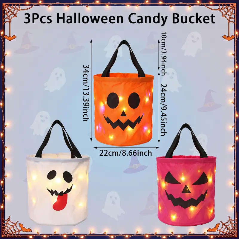 Halloween Candy Bucket with LED Lights Non Woven Gift Bags Trick or Treat Bags Pumpkin Candy Bags Reusable Tote Bags for Kids Students Adults, Night Light Bags for Home Garden Lawn Decorations, 