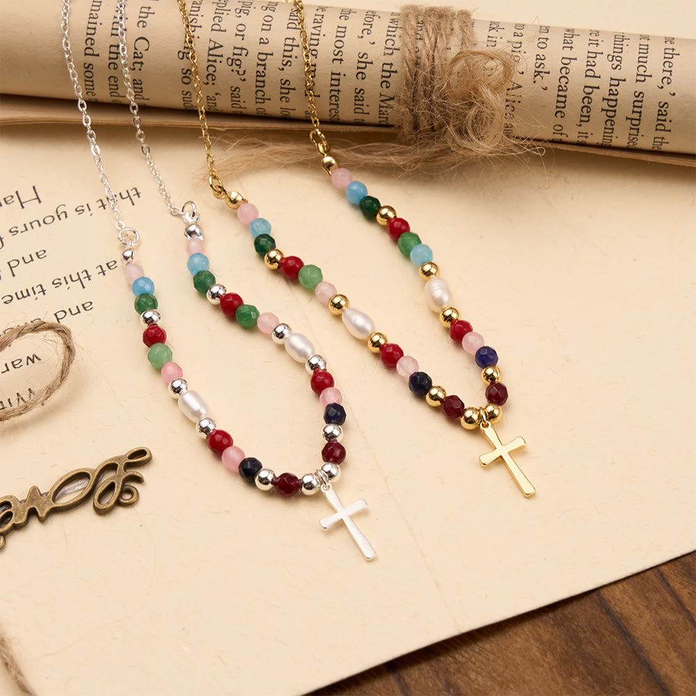 Colorful Beaded Necklace with Simple Cross Pendant