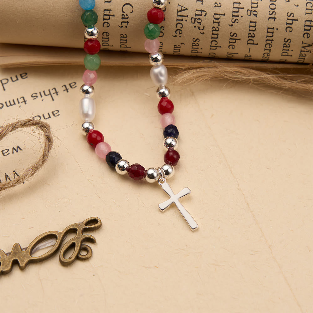 Colorful Beaded Necklace with Simple Cross Pendant