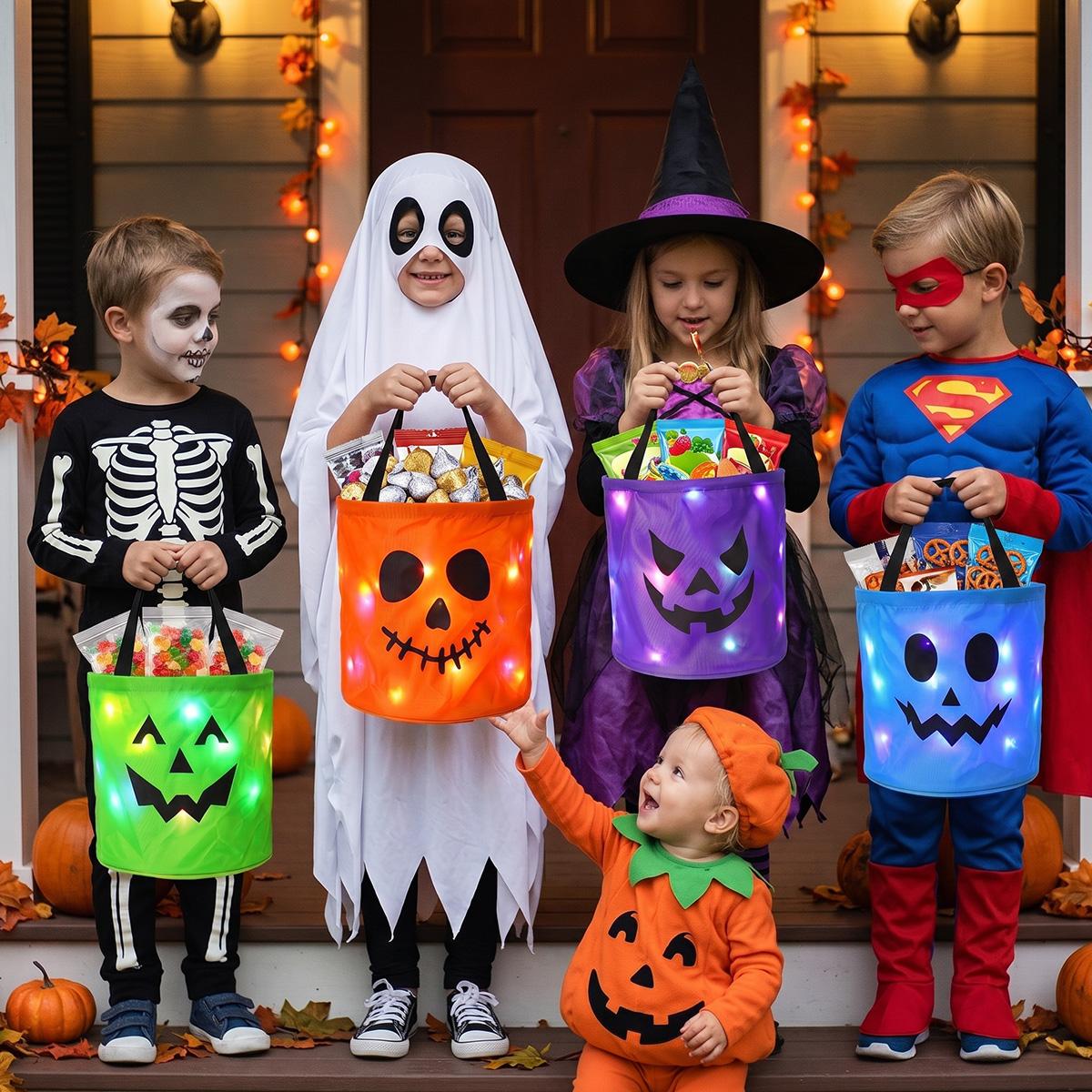 3/4 Pcs Halloween Candy Bucket with LED Lights Non Woven Gift Bags Trick or Treat Bags Pumpkin Candy Bags Reusable Tote Bags for  Kids Students Adults, Night Light Bags for Home Garden Lawn Decorations, Halloween Birthday Christmas Party Favor Supplies