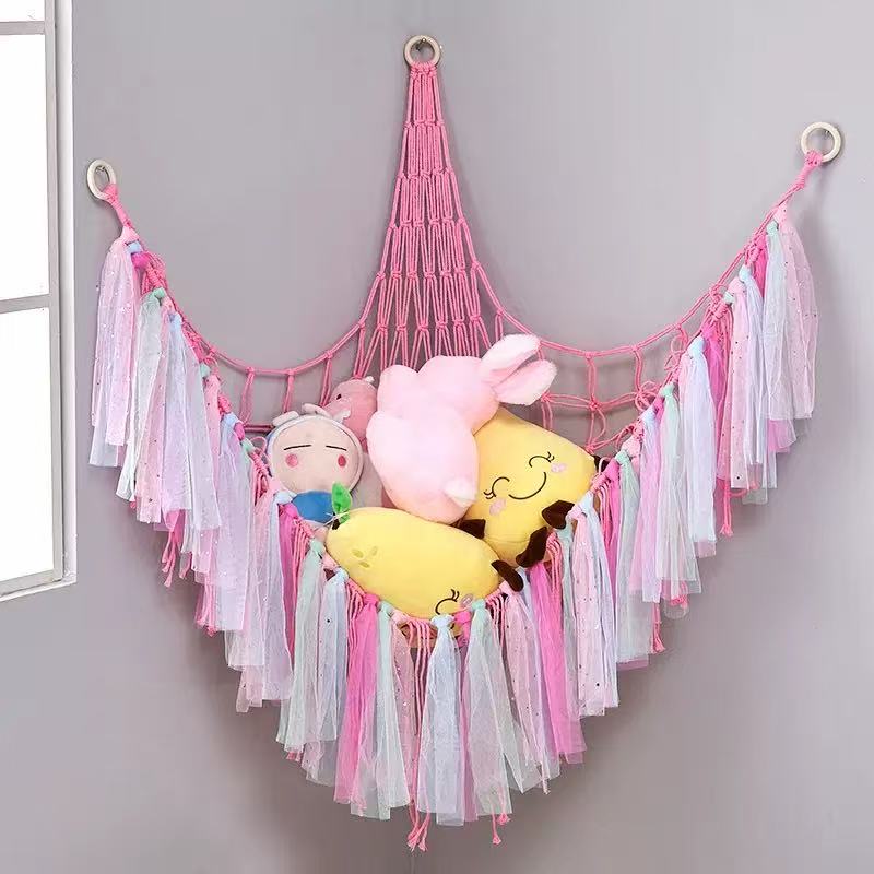 Plush Toy Hammock 60in Hangable Boho Stuffed Animal Corner Hanging Net Practical Cotton Organiser for Bedroom Nursery Decoration Ornaments