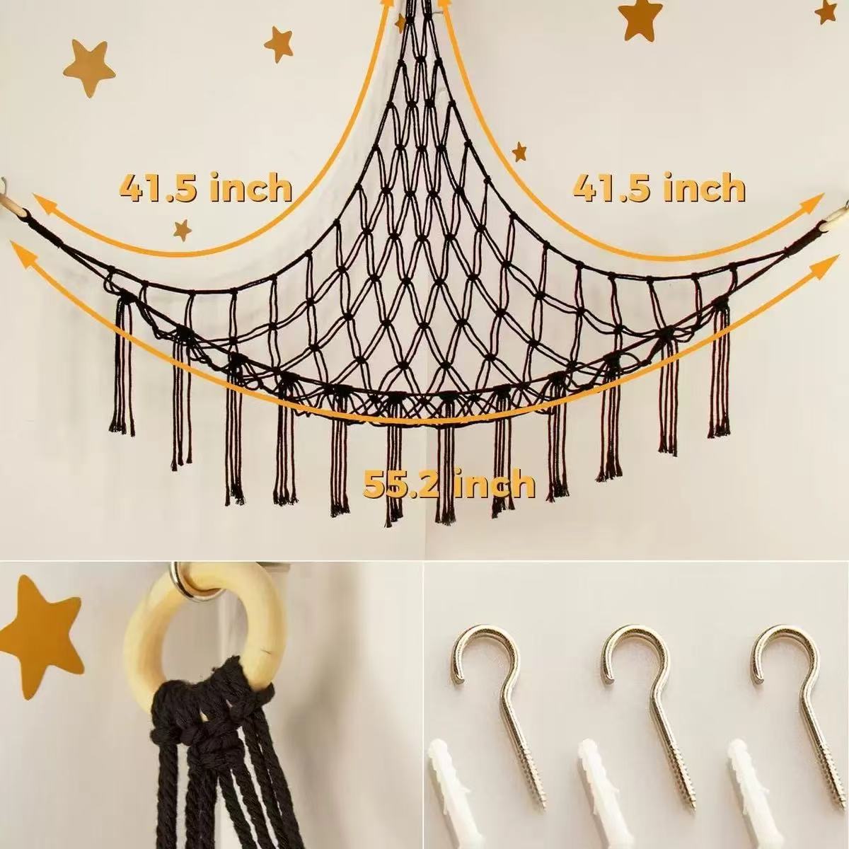 Plush Toy Hammock 60in Hangable Boho Stuffed Animal Corner Hanging Net Practical Cotton Organiser for Bedroom Nursery Decoration Ornaments