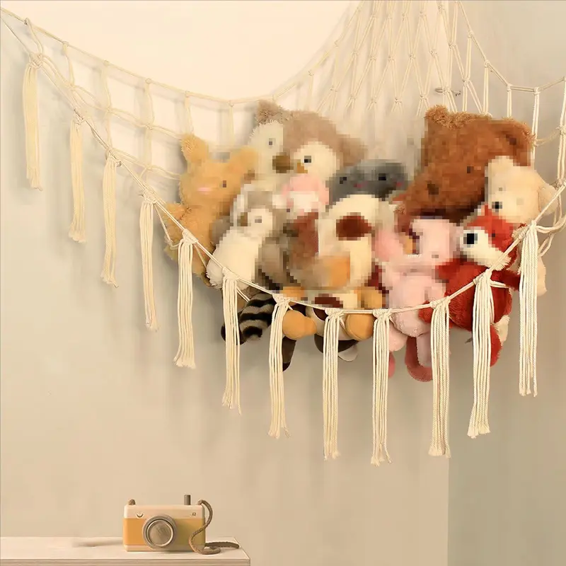 Plush Toy Hammock 60in Hangable Boho Stuffed Animal Corner Hanging Net Practical Cotton Organiser for Bedroom Nursery Decoration Ornaments