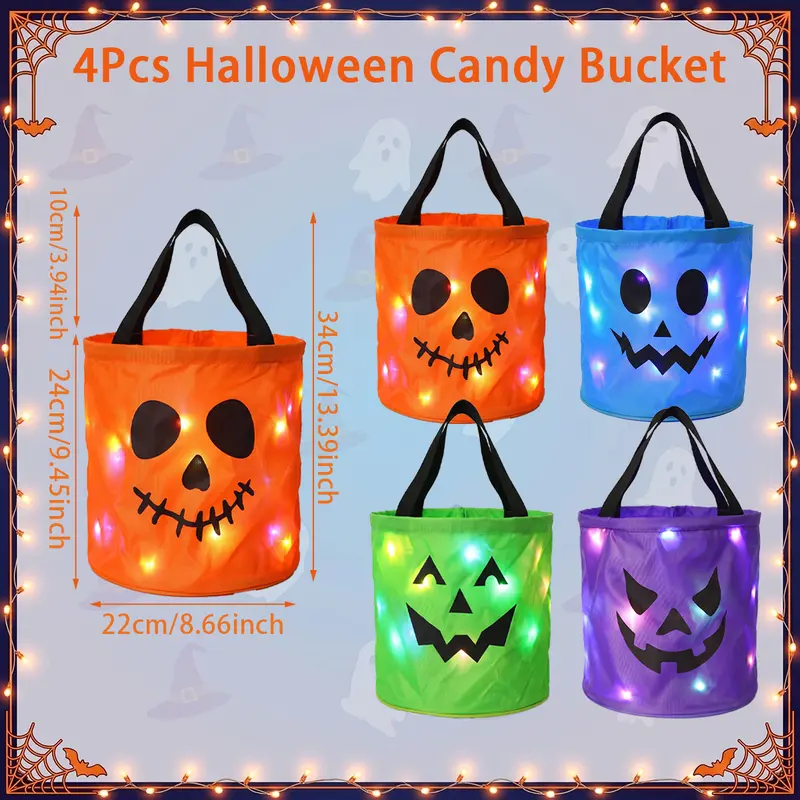 Halloween Candy Bucket with LED Lights Non Woven Gift Bags Trick or Treat Bags Pumpkin Candy Bags Reusable Tote Bags for Kids Students Adults, Night Light Bags for Home Garden Lawn Decorations, 