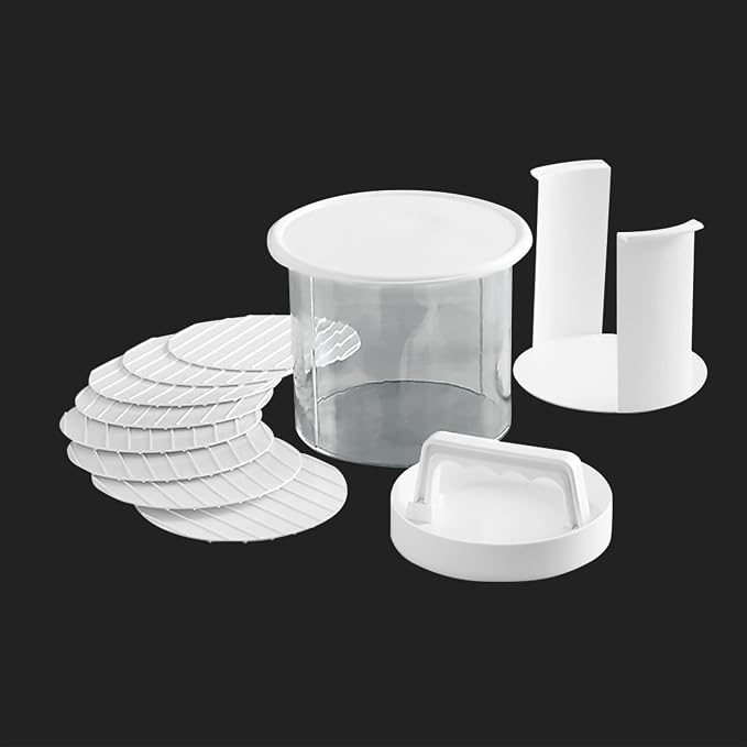 Hamburger Press Patty Maker - Non-Stick Burger Mold Shaper with Freezer Storage Container - 12-Piece Set with 8-Layer Plastic Discs for BBQ Grill