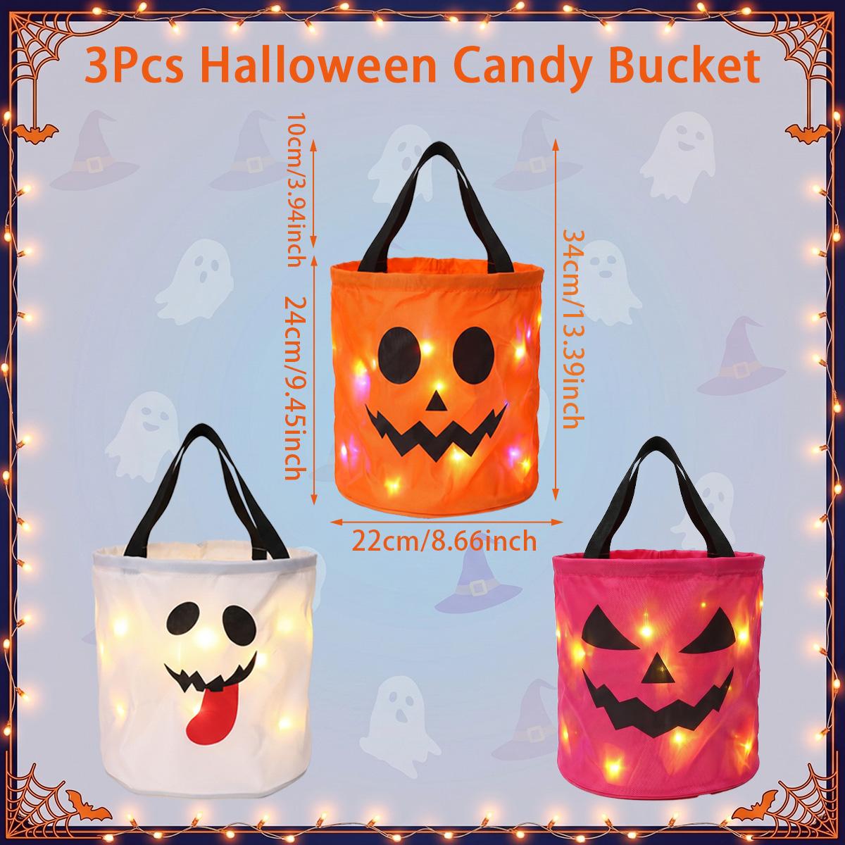3/4 Pcs Halloween Candy Bucket with LED Lights Non Woven Gift Bags Trick or Treat Bags Pumpkin Candy Bags Reusable Tote Bags for  Kids Students Adults, Night Light Bags for Home Garden Lawn Decorations, Halloween Birthday Christmas Party Favor Supplies
