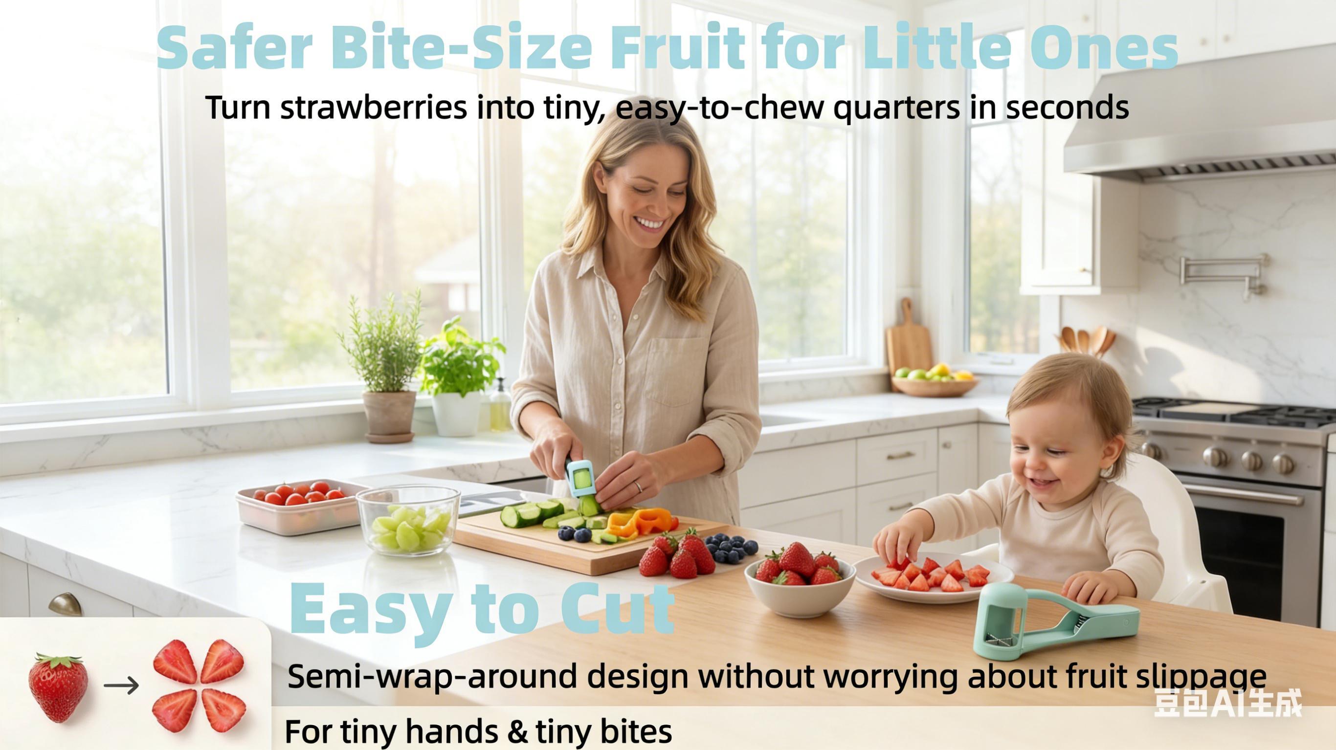 Grape Cutter for Toddlers & Baby - Stainless Steel Grape & Cherry Tomato Slicer for Kids Lunch Box - Portable Small Fruit Quarterer Tool, Prep for Salad & Healthy