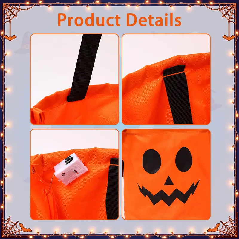 Halloween Candy Bucket with LED Lights Non Woven Gift Bags Trick or Treat Bags Pumpkin Candy Bags Reusable Tote Bags for Kids Students Adults, Night Light Bags for Home Garden Lawn Decorations, 