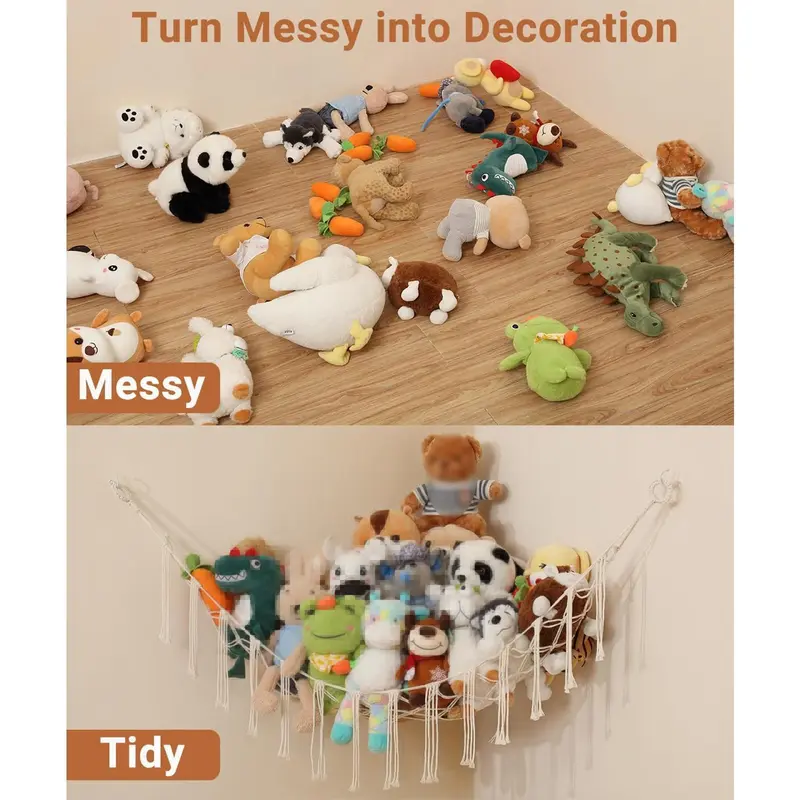 Plush Toy Hammock 60in Hangable Boho Stuffed Animal Corner Hanging Net Practical Cotton Organiser for Bedroom Nursery Decoration Ornaments