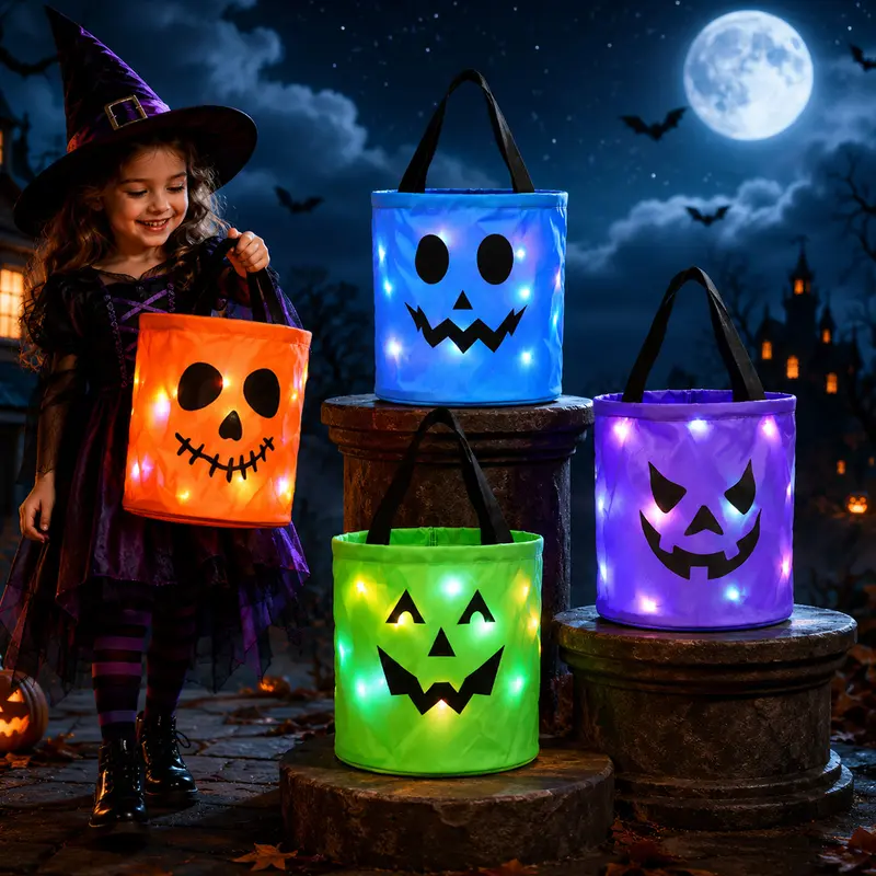 Halloween Candy Bucket with LED Lights Non Woven Gift Bags Trick or Treat Bags Pumpkin Candy Bags Reusable Tote Bags for Kids Students Adults, Night Light Bags for Home Garden Lawn Decorations, 