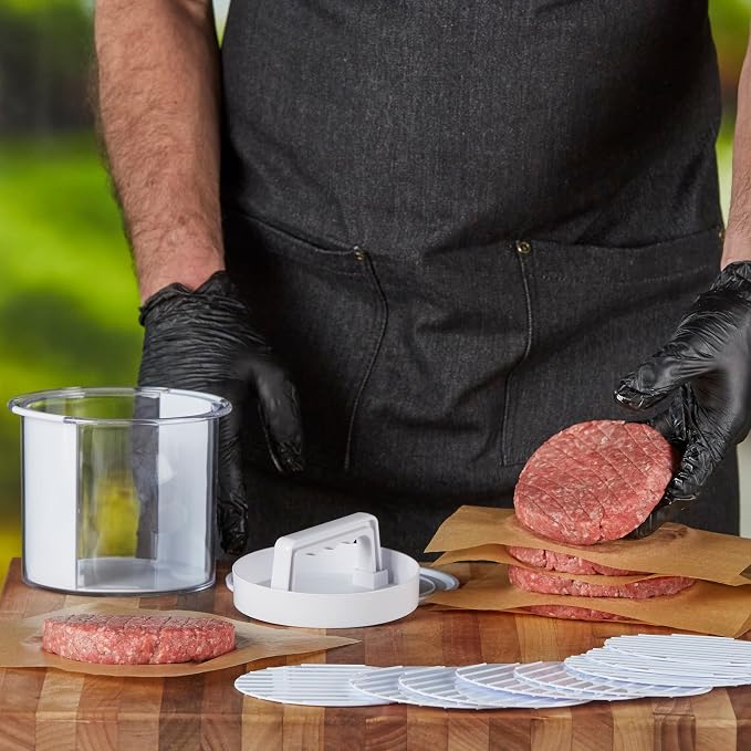 Hamburger Press Patty Maker - Non-Stick Burger Mold Shaper with Freezer Storage Container - 12-Piece Set with 8-Layer Plastic Discs for BBQ Grill